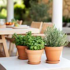 Terracotta Pots with Herbs on Patio Table, Herb Garden , Cooking Herbs