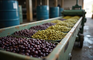 Fresh olives sorted by color on conveyor belt. Purple and green fruits move towards processing plant. Harvested produce awaits pressing for oil extraction. Food production line.