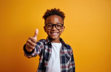 Black kid wears glasses and plaid shirt giving thumbs up on orange background. Young boy expresses happiness and success in studio portrait. He is smiling with confidence. Educational themes.