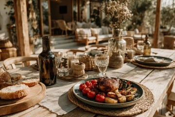 A beautifully set outdoor dining table with grilled chicken, vegetables, wine, and bread, illuminated by soft, natural light, creating a warm and inviting atmosphere.