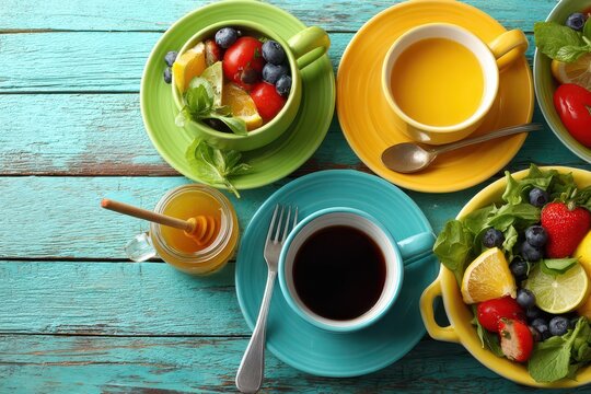 Overhead view of colorful breakfast assortment on a rustic blue wooden table, displaying a vibrant and healthy start to the morning, with a variety of refreshing options. - Powered by Adobe