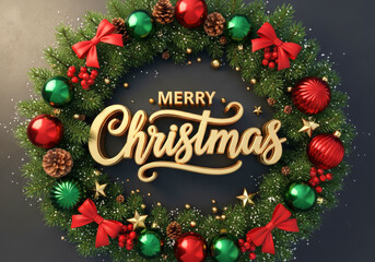 Elegant Christmas wreath featuring gold, bronze, and dark ornaments, pine cones, and lights, centered with golden script Merry Christmas text.
