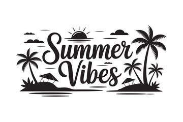 Fototapeta premium Summer vibes tropical beach graphic illustration with palm trees and sun