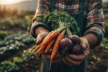 A farmer holding freshly harvested carrots and beets in a field at sunset, showing the result of hard work, conveying the simplicity and wholesomeness of farm-to-table living.