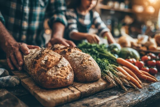 Close-up of rustic sourdough bread with carrots and greens on a wooden board, prepared by artisan bakers wearing checkered shirts in a bakery.