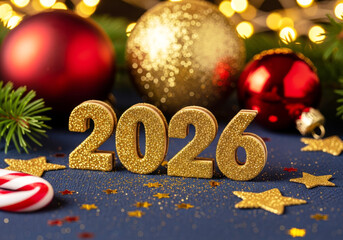 Glittering gold 2026 numbers on a dark blue surface, surrounded by gold confetti, stars, a candy cane, and festive red and gold ornaments.