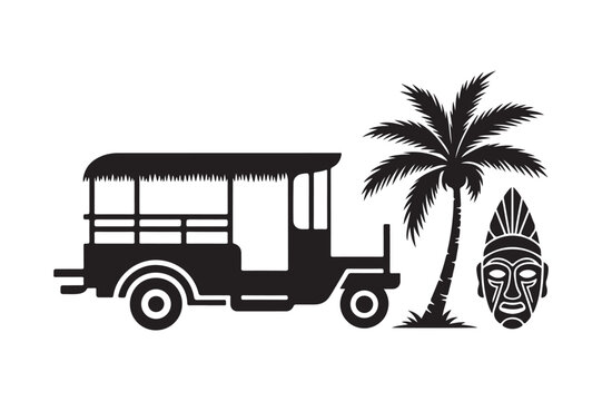 Tropical island travel graphic with vintage jeepney, palm tree, and cultural mask