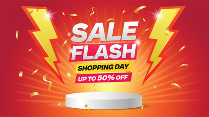 Flash sale shopping day banner with up to 50 off discount, featuring lightning bolts and confetti, Social media sale poster