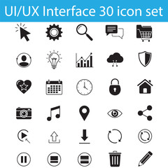 UI UX Interface Icon Set, 30 Black Silhouette Vector Icons for Web, App, and User Interface Design