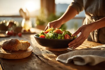 A person's hands gently preparing a fresh, vibrant salad in a black bowl, with rustic bread and a wooden table bathed in warm, golden light, creating a healthy and inviting meal scene.
