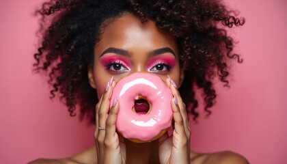 Woman with bright pink eye makeup holds large pink glazed donut obscuring mouth. Curly dark hair frames face. Subject enjoys sweet treat, hinting at temptation or indulgence.