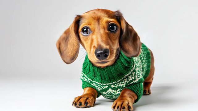 A small brown dachshund wearing a green knitted sweater with a festive pattern. The dog is lying down with a relaxed expression.