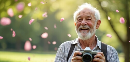 Elderly man with camera smiles amid falling pink petals. Senior person enjoys outdoor hobby, taking photos with vintage equipment. Life experience, happy retirement pursuits.