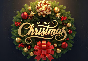 Lush green Christmas wreath adorned with red and gold ornaments, pine cones, and a large golden bow, centered with Merry Christmas script.
