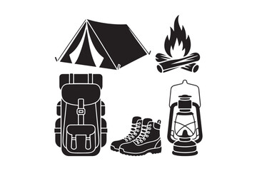 Camping adventure equipment set, outdoor gear silhouettes vector icons