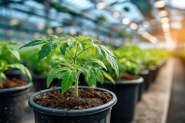 Cultivating Growth: Young tomato plants thriving in a greenhouse environment, showcasing the beauty of modern agriculture and the potential of sustainable farming practices.