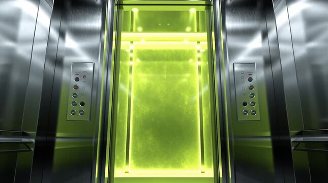 Interior shot of a sleek, modern elevator cabin with polished dark chrome walls and ambient LED lighting. A vertical transparent OLED display glows green on the central door, reflecting a high-tech fu