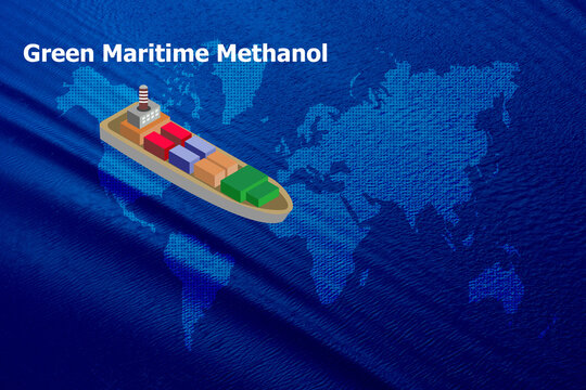 Green maritime methanol text and icon on map world and on natural background.