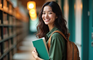 Cheerful student in library holds book. Smiling woman carries backpack at college. Happy learner looks at camera. Asian girl ready for lesson or exam. Higher education concept. Study motivation.