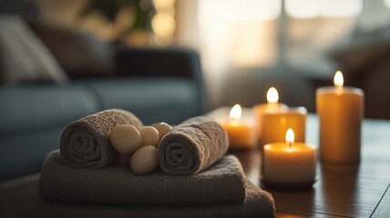 Relaxing spa scene with lit candles and rolled towels, evoking tranquility and serenity
