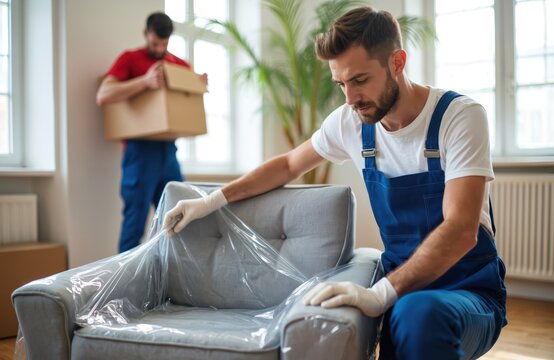 Moving company workers wrap armchair in protective film for transport. One man packs furniture, another carries a box, preparing for relocation day. Safe delivery service.