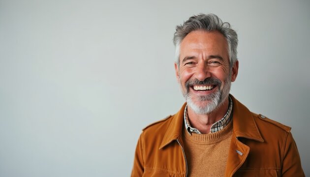 Mature man with grey hair, beard smiles broadly. He wears brown jacket, sweater. Happy, confident person with friendly expression against plain backdrop, radiating positivity, approachability.