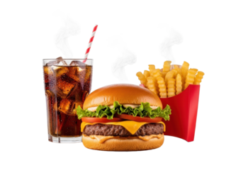 Brightly Lit Combo Meal: Modern Burger, Fries, and Soda on Wooden Table, White Background
