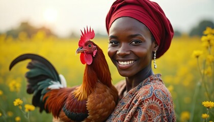 Black woman holds rooster in sunlit field of yellow flowers. She smiles while wearing a red headwrap and patterned shirt. Represents sustainable farming, poultry, and rural life.