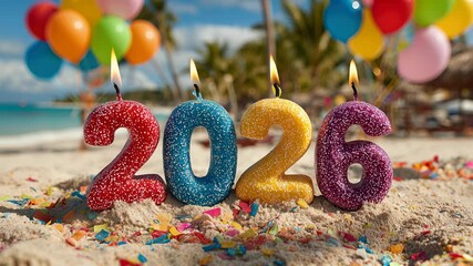 Colorful candles shaped as the numbers 2026 on sandy beach. Bright balloons in the background. Celebratory atmosphere with confetti scattered around.