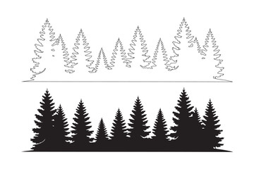 Obraz premium Pine tree forest landscape silhouette and outline vector illustration design