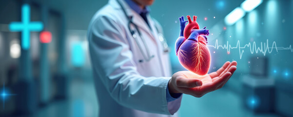 Doctor in white lab coat holds glowing human heart model. Ecg line shows heartbeat wave in modern hospital setting. Represents cardiology, medical tech, heart health concept. Doctor examines organ,
