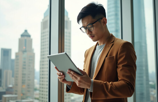 Young Asian man uses tablet by office window. Wears glasses, business casual attire, working in modern workspace. City skyscrapers visible outside. Man analyzes info on device, digital data research, - Powered by Adobe
