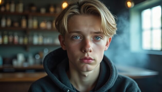 Young man with blond hair and blue eyes wears a dark hoodie. He stands indoors near a window with a blurred bar background. The teen looks serious and thoughtful, with subtle smoke in the air.