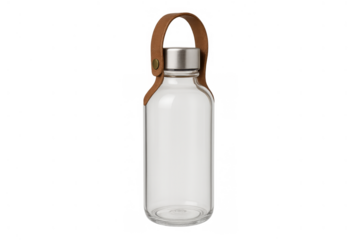 Reusable transparent glass bottle with metal cap and leather carry strap promoting sustainable hydration