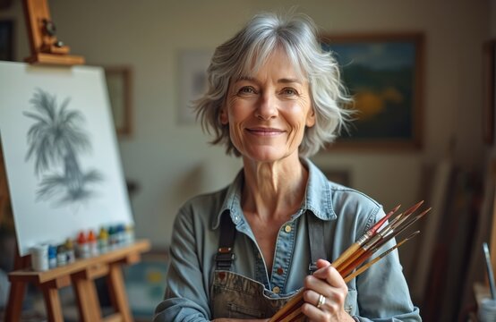 Grey haired elderly woman artist smiles holding paint brushes in her art studio. Senior painter works on canvas with paints. Creative female adult enjoys hobby, leisure activity and creating art.