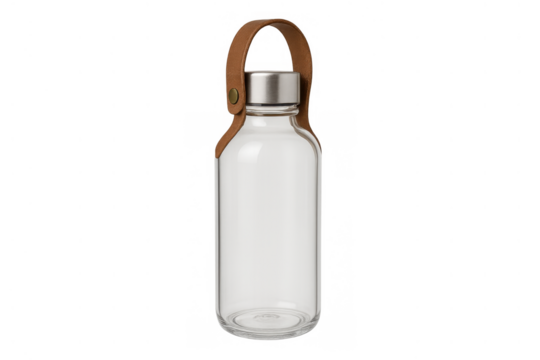 Reusable transparent glass bottle with metal cap and leather carry strap promoting sustainable hydration