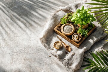 Fototapeta premium Composition of fresh herbs, seeds and grains in wooden bowls on a rustic tray, displayed on a textured surface with soft natural light and palm leaf shadows.
