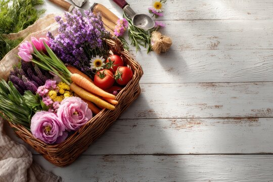 A rustic wicker basket filled with fresh flowers, vibrant vegetables, and garden tools, sitting on a whitewashed wooden table in bright sunlight.
