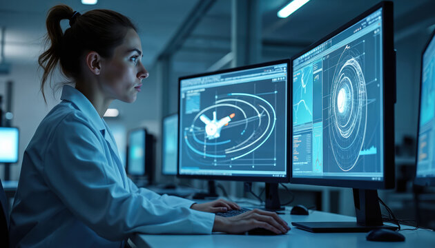 Woman engineer analyzes satellite data on computer screens in aerospace lab. Female scientist studies orbital trajectory graphics for space mission. Research involves spacecraft building, navigation.