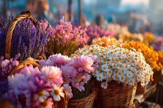 A colorful display of flowers in wicker baskets at a bustling outdoor market, featuring lavender, daisies, peonies, and more in soft, warm sunlight creating a peaceful ambiance.