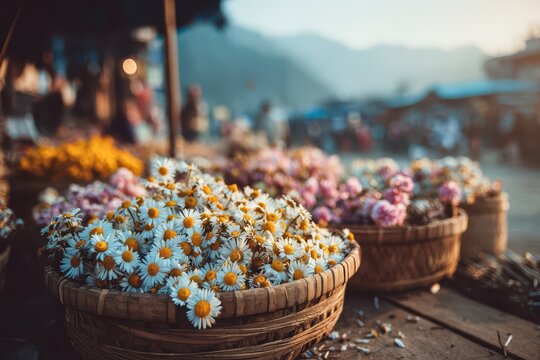 Charming rustic flower market scene showcasing wicker baskets overflowing with fresh daisies and other blooms at a rural outdoor vendor stall during sunset.