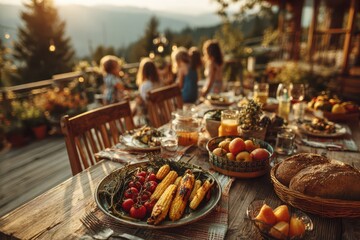 An inviting al fresco dining experience featuring a beautifully set table laden with fresh, wholesome food and drinks, enjoyed by family and friends in a cozy outdoor setting.