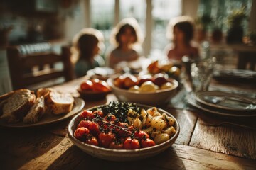A beautiful family enjoying a healthy, delicious meal together at the table, with a focus on fresh tomatoes, potatoes, bread, and fruit, bathed in soft, natural light.