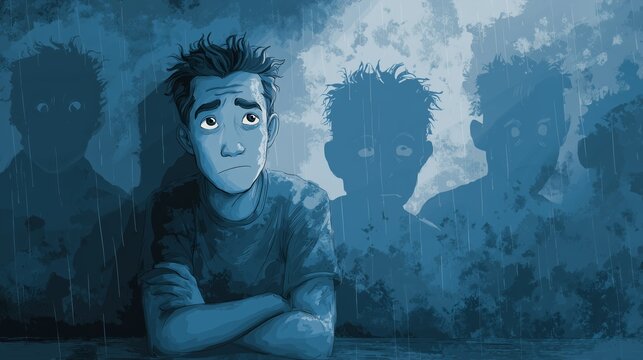 Emotional expression of loneliness and despair in a dark, shadowed scene featuring a young man