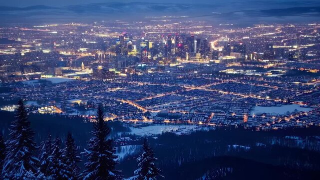 This stunning video captures a breathtaking aerial view of a city at night, blanketed in snow. The vibrant lights shimmer against the wintry backdrop, creating a mesmerizing blend of urban life and se