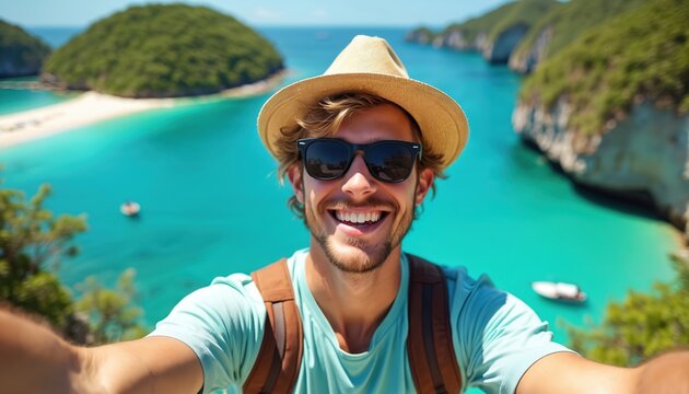 Young male traveler takes video selfie from island view point. Smiles happily, wearing sunglasses, straw hat. Turquoise blue ocean, white sand beach, green islands create amazing summer vacation - Powered by Adobe