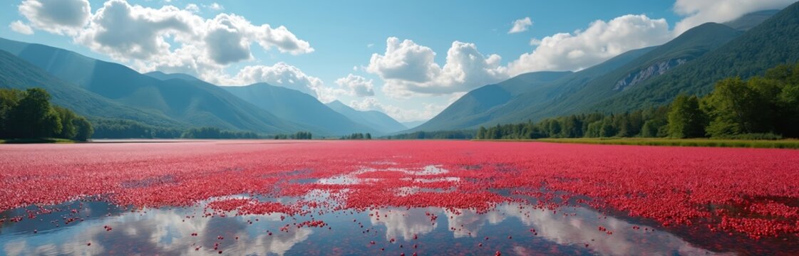 Bright red cranberries float on water surface for harvest. Scenic mountain range, green forest trees create beautiful valley landscape. Blue sky, white clouds reflect on tranquil farm. Autumn fruit - Powered by Adobe