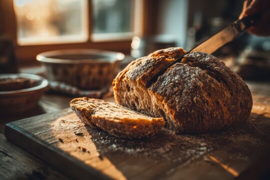 A loaf of freshly baked bread being sliced on a rustic wooden cutting board, showcasing the golden crust and soft interior, with a warm, inviting atmosphere created by natural sunlight. - Powered by Adobe
