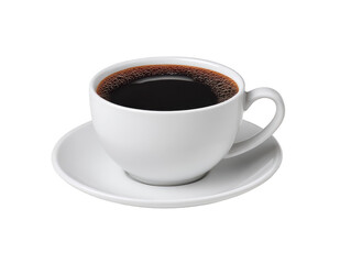 Obraz premium White ceramic cup filled with hot black coffee on matching saucer, isolated on transparent background, minimal style, morning beverage, caffeine boost, simple and inviting