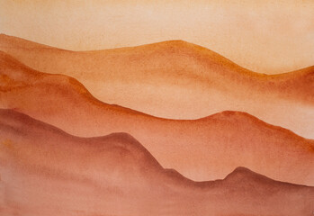 Watercolor painting of multi-layered brown mountains.